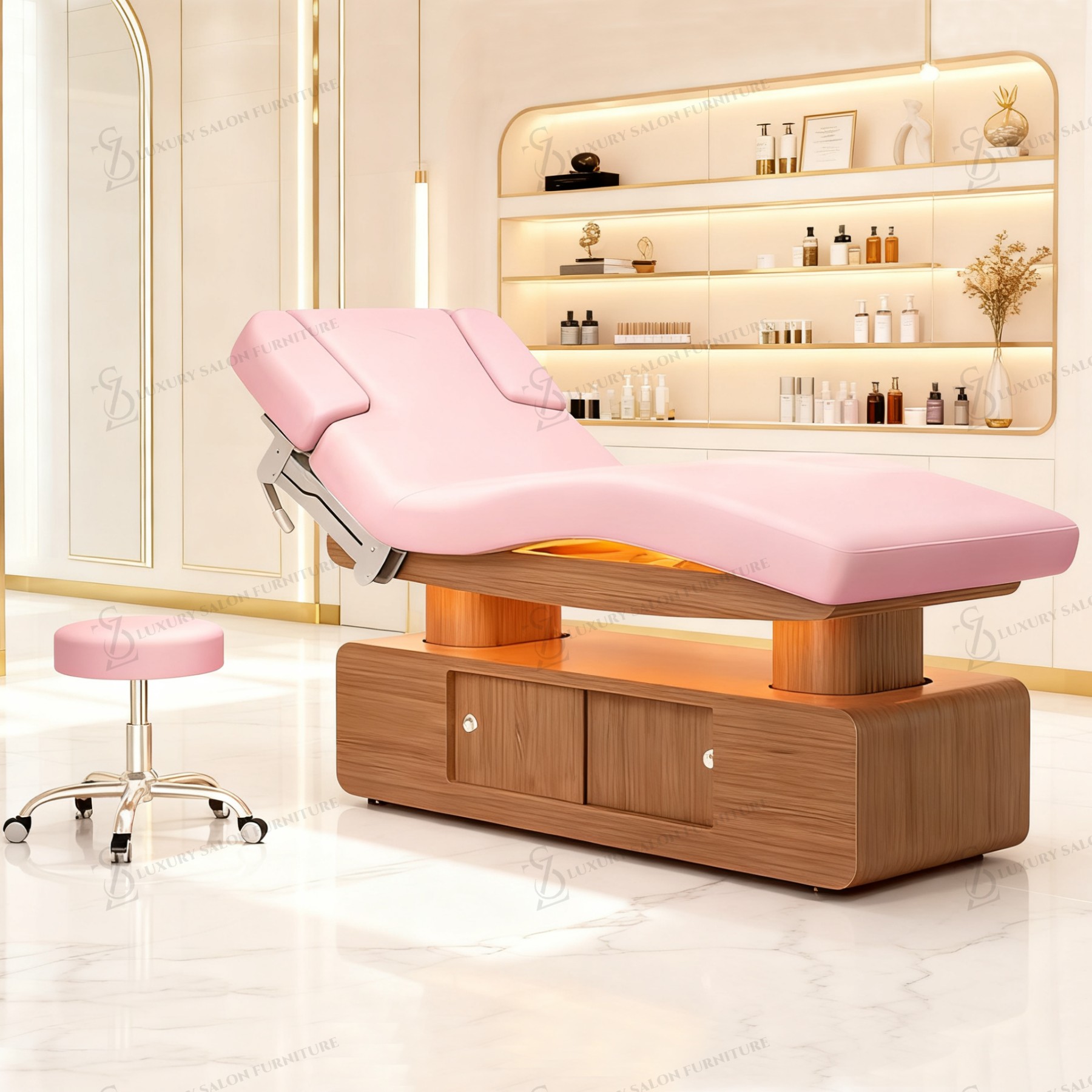 Spa Wellness And Beauty - เตียงเสริมความงามไฟฟ้าอเนกประสงค์สีชมพู รุ่น Luxury 3/4 Motors สำหรับร้านเสริมสวย
